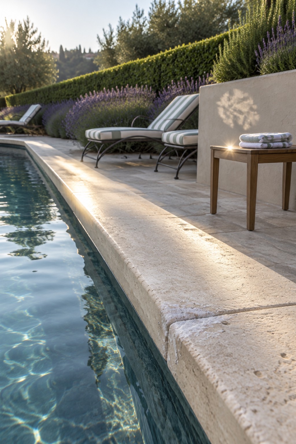 A swimming pool patio with striped lounge chairs beside lavender plants and a clipped boxwood hedge.