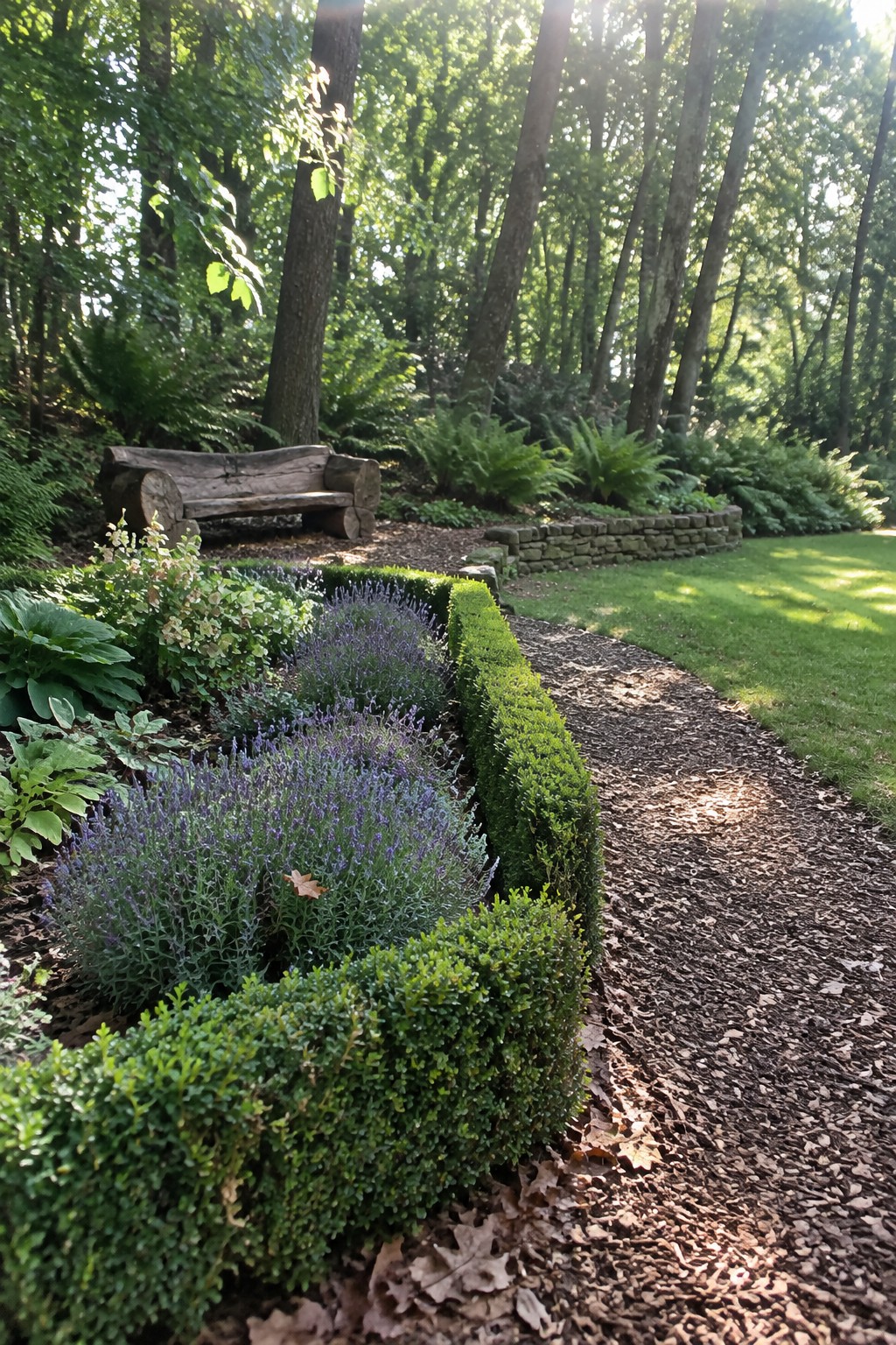 A low boxwood hedge borders a garden bed with purple lavender beside a wood-chip path in a wooded garden.