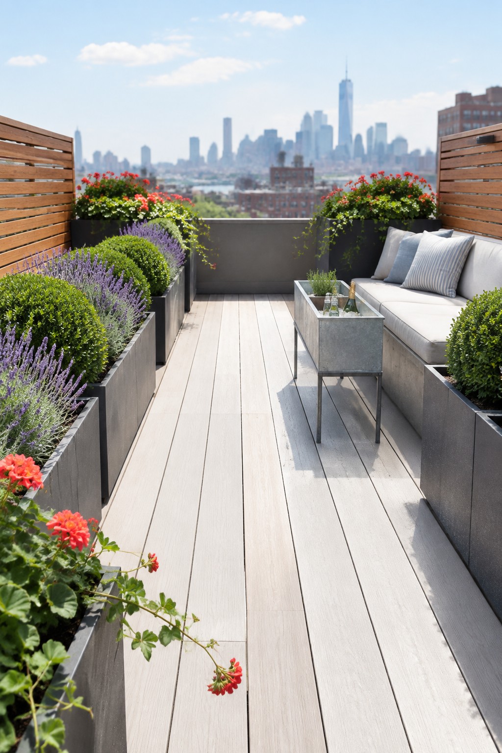 A rooftop terrace has raised planters filled with shrubs and flowers beside a pale wood deck and outdoor sofa.
