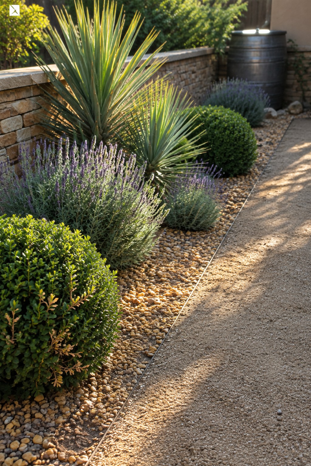 Gravel garden bed with rounded shrubs, purple flowering plants, spiky yucca, and a stone retaining wall beside a path.