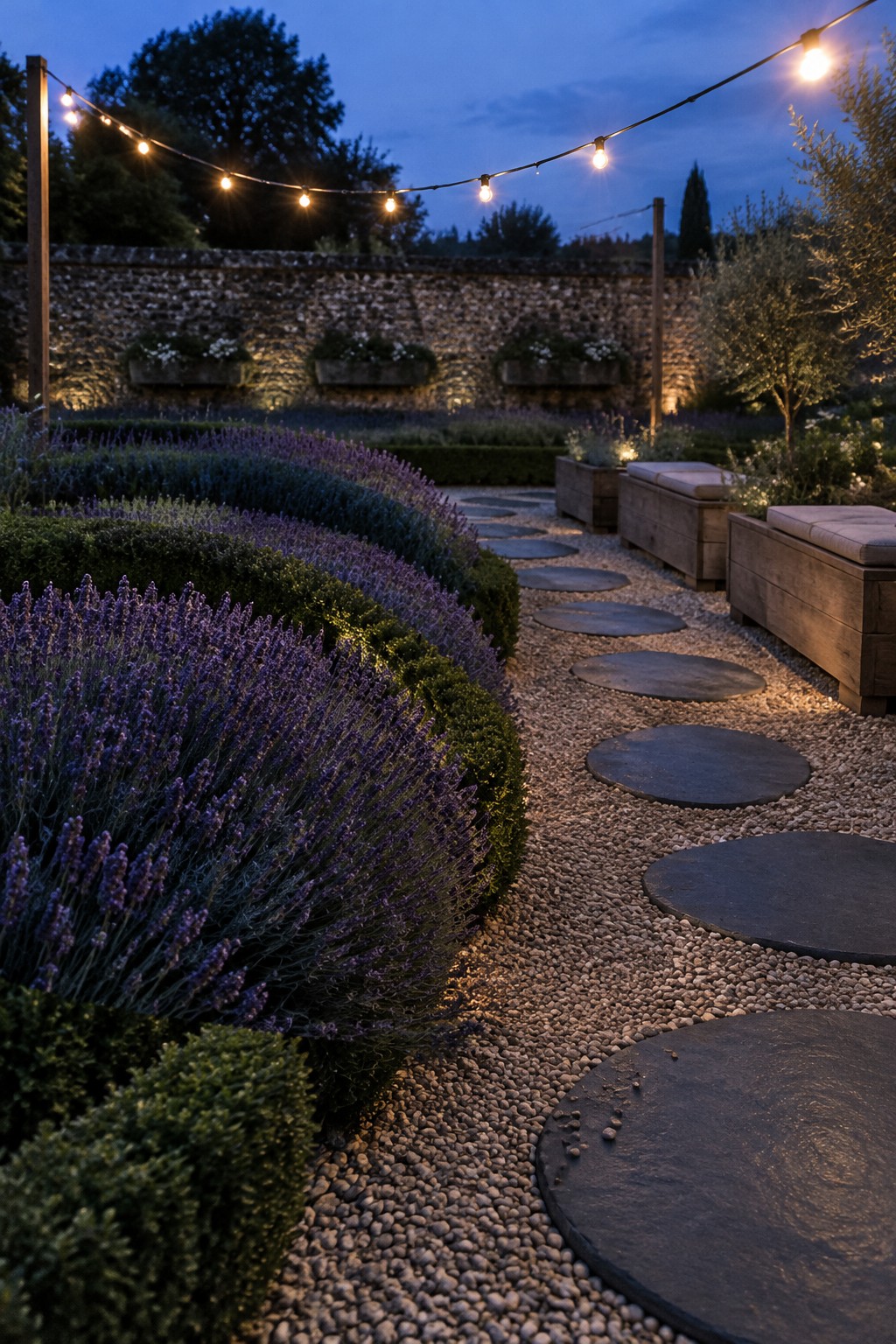 Round stepping stones cross a gravel garden path beside lavender and clipped boxwood, with wooden benches and string lights nearby.