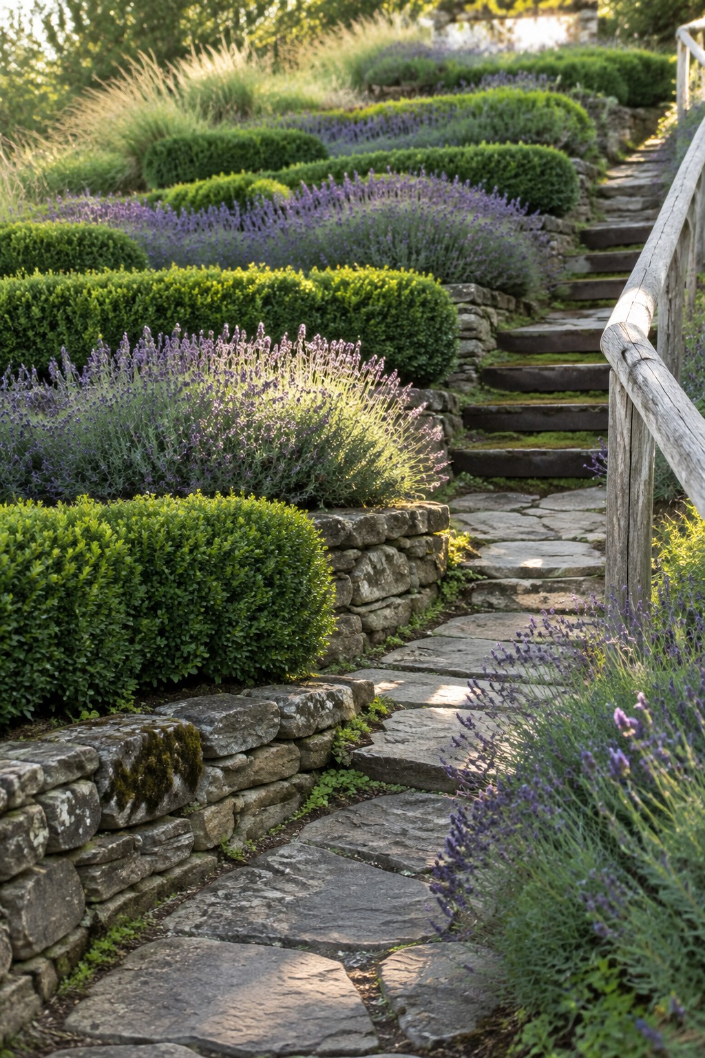 Stone steps and a flagstone path wind uphill between lavender plants, clipped boxwood, and low stone walls.
