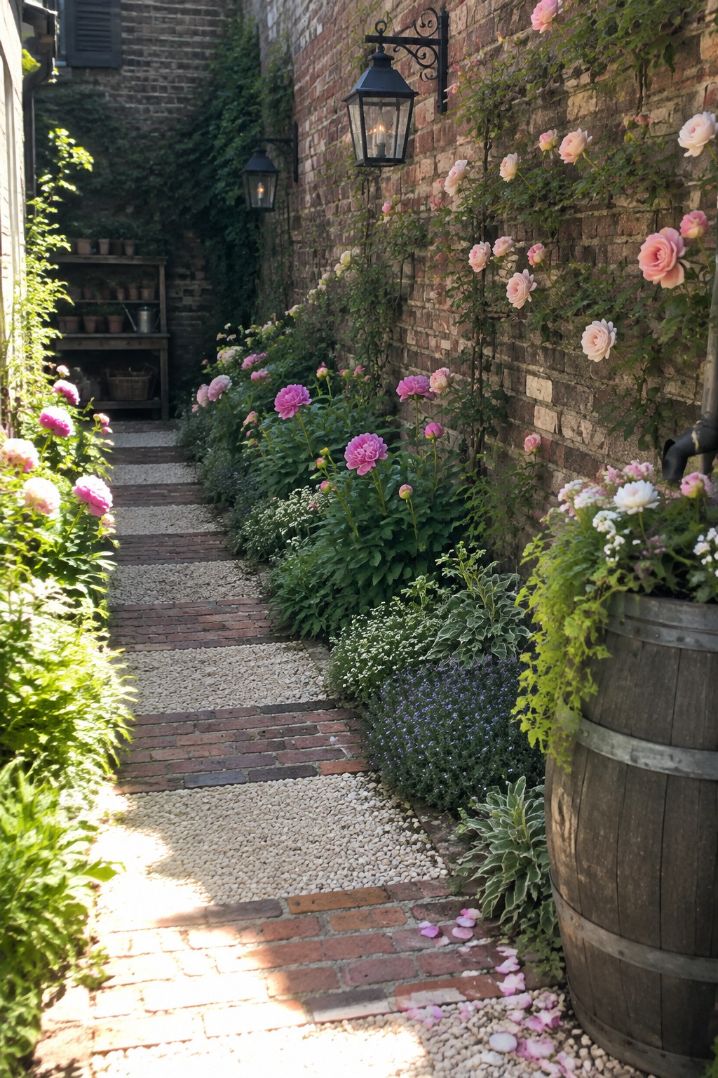 A narrow gravel path with brick borders runs beside flower beds and a brick wall covered in climbing roses.