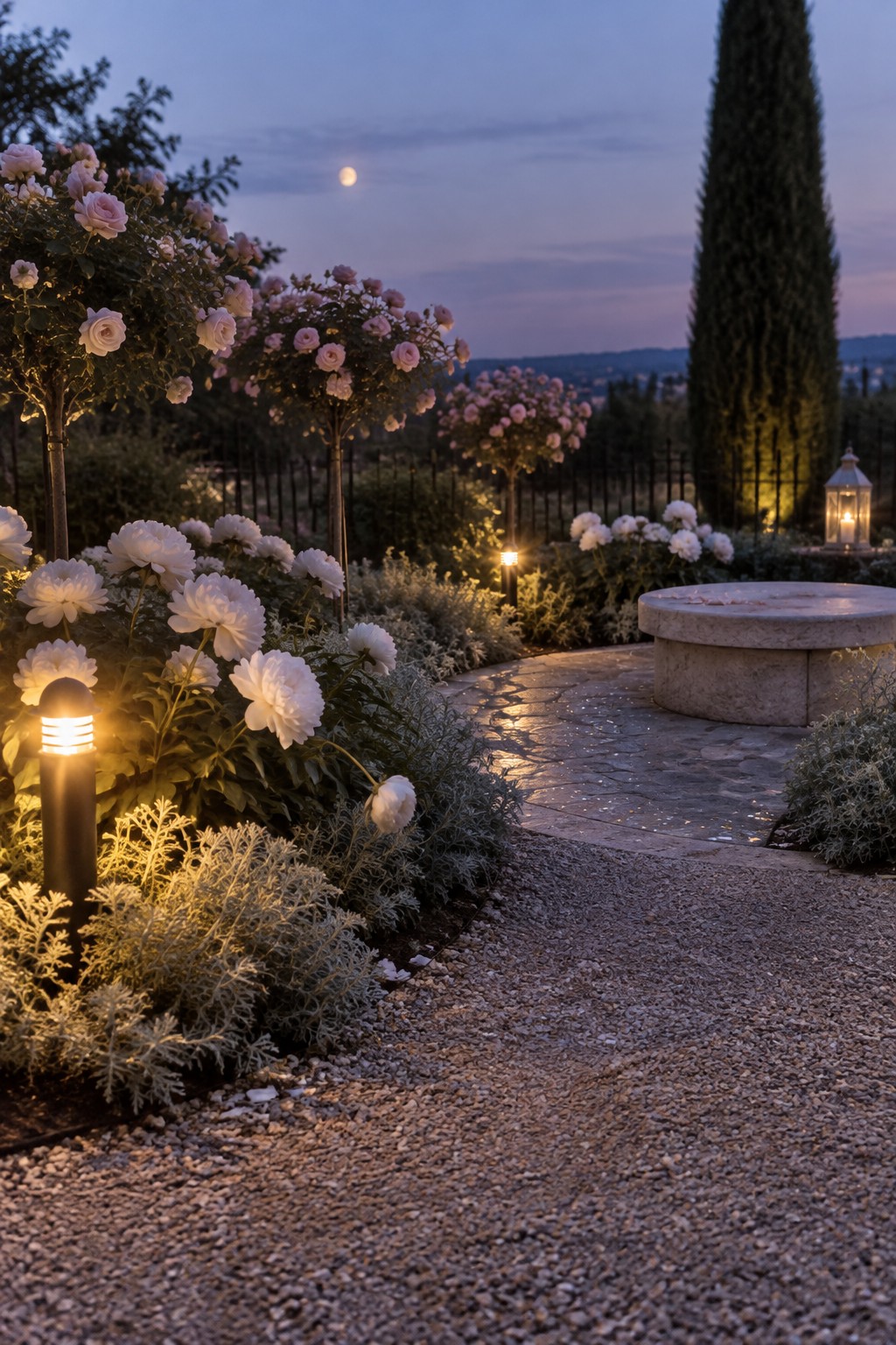 A gravel garden path runs past beds of pale roses and peonies, with small lights along the planting and a stone round table nearby.