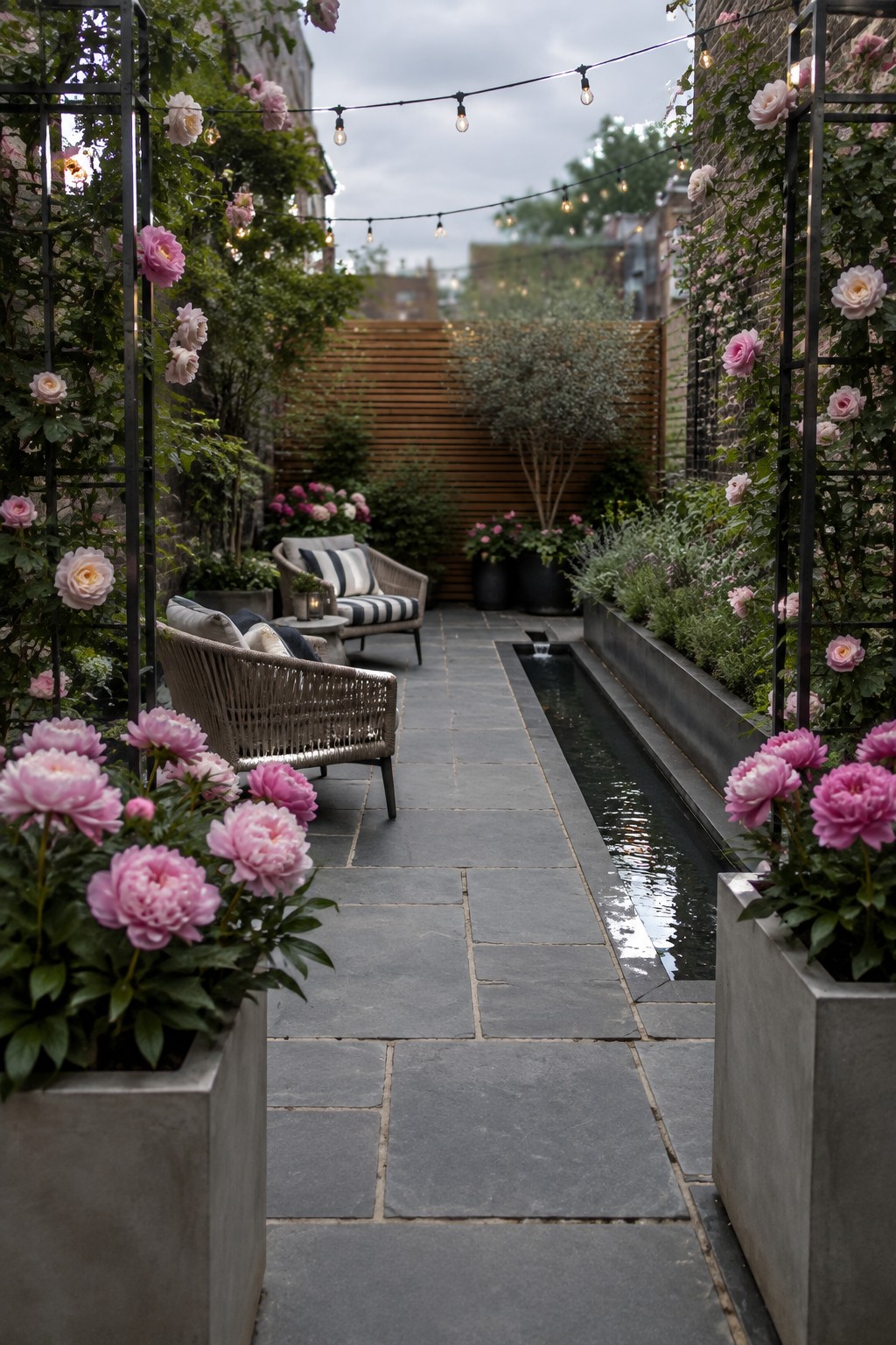 A stone walkway passes between raised flower beds and rose-covered trellises, with peonies, string lights, and a small seating area.