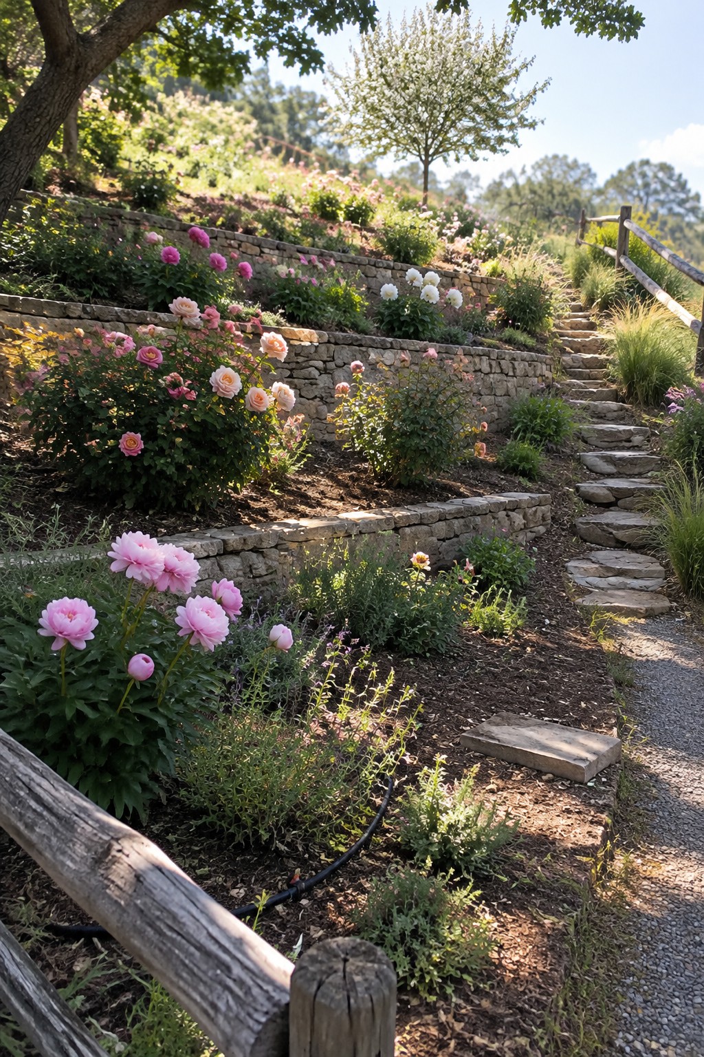 Stone retaining walls divide a sloped garden into flower beds with pink and white blooms beside a stone stairway.