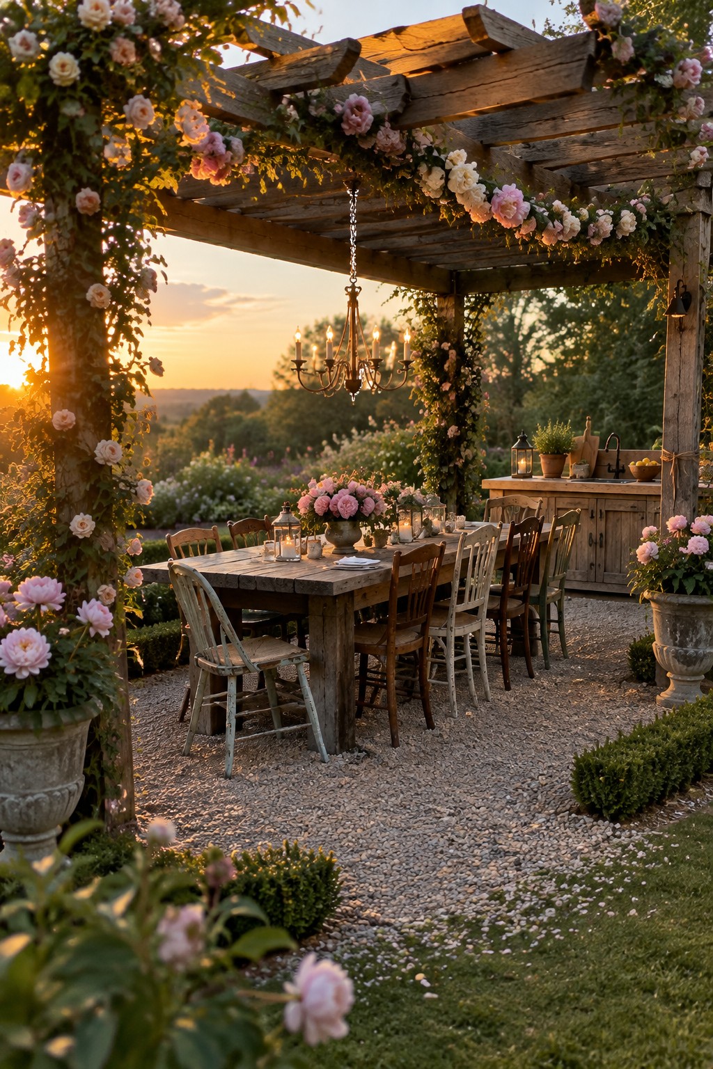 A wooden pergola covered in pink and white flowers shelters an outdoor dining table and chairs in a garden.