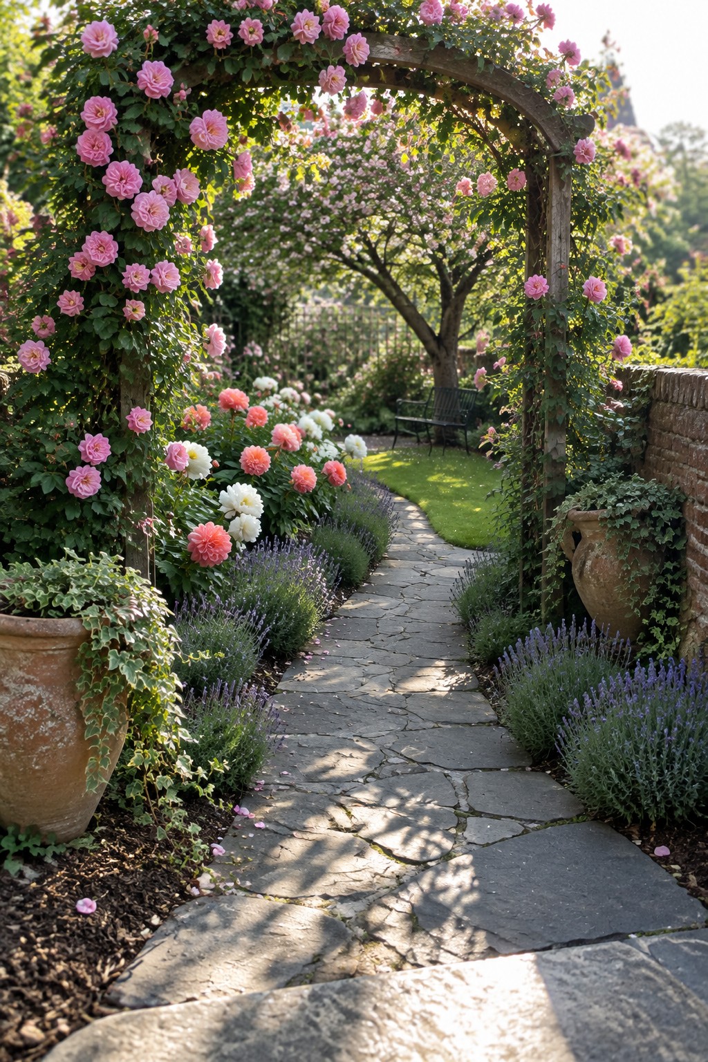 An irregular stone path winds through a garden beneath a wooden arch covered in pink roses, with flower beds on both sides.