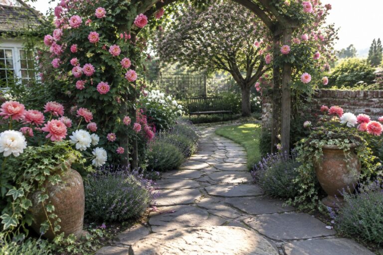 An irregular stone path winds through a garden beneath a wooden arch covered in pink roses, with flower beds on both sides.