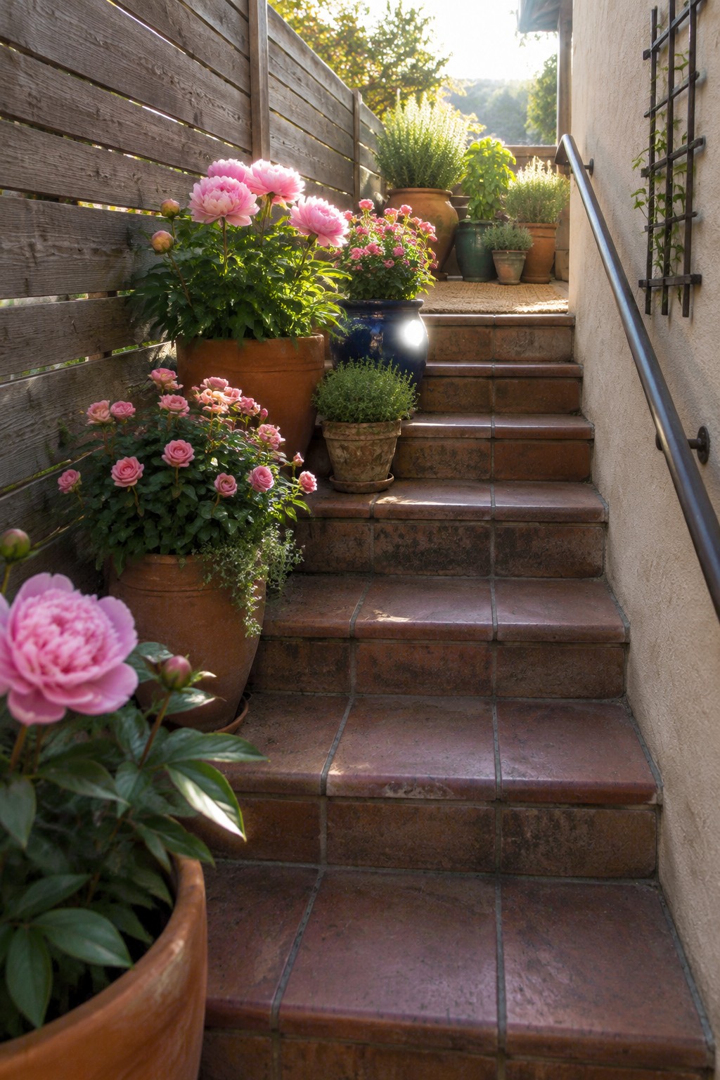 Terracotta steps rise between potted pink roses and peonies, with a wooden fence on one side and a metal handrail on the other.
