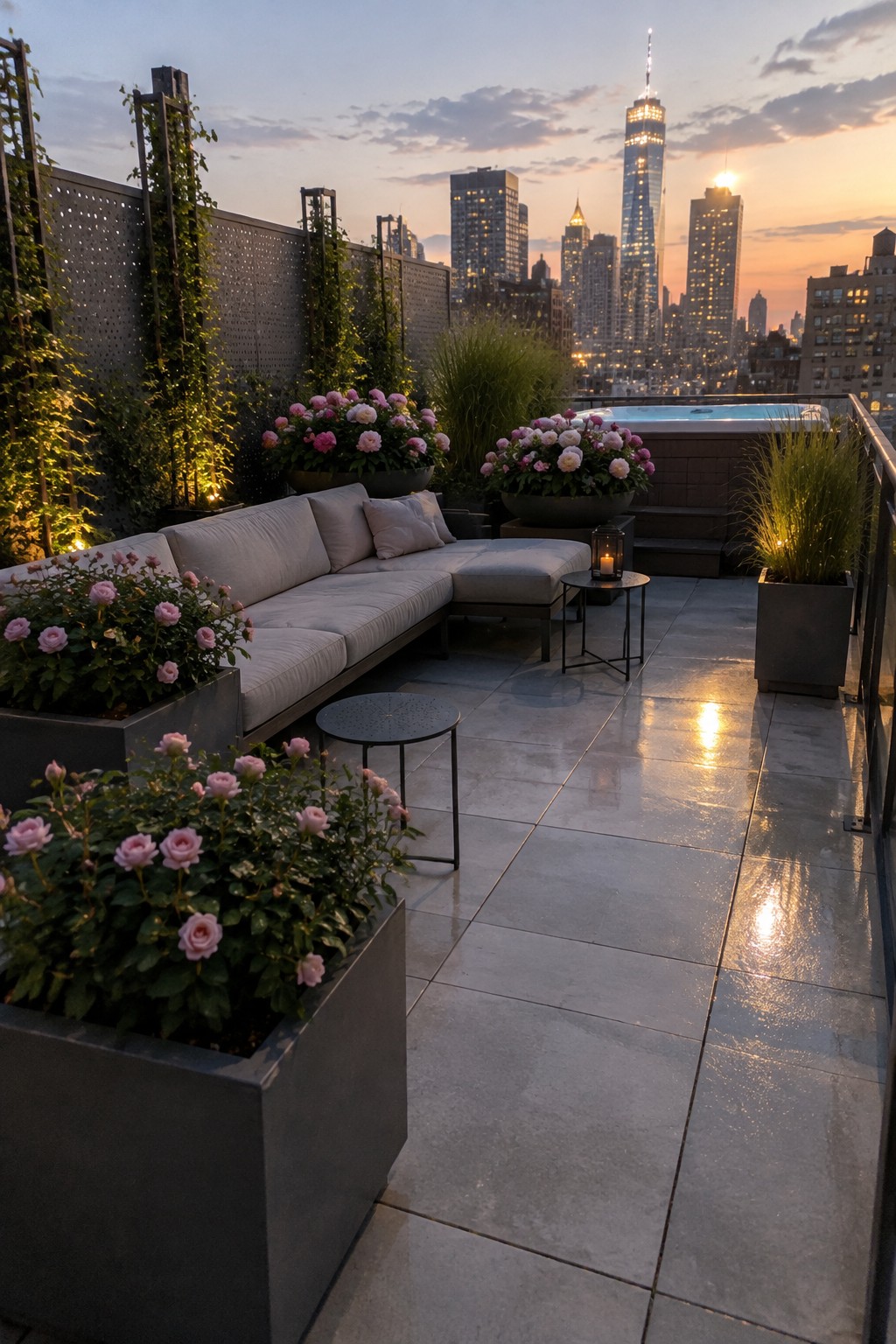 A rooftop terrace has large planters of pink roses and peonies beside a sectional sofa and tiled walkway.