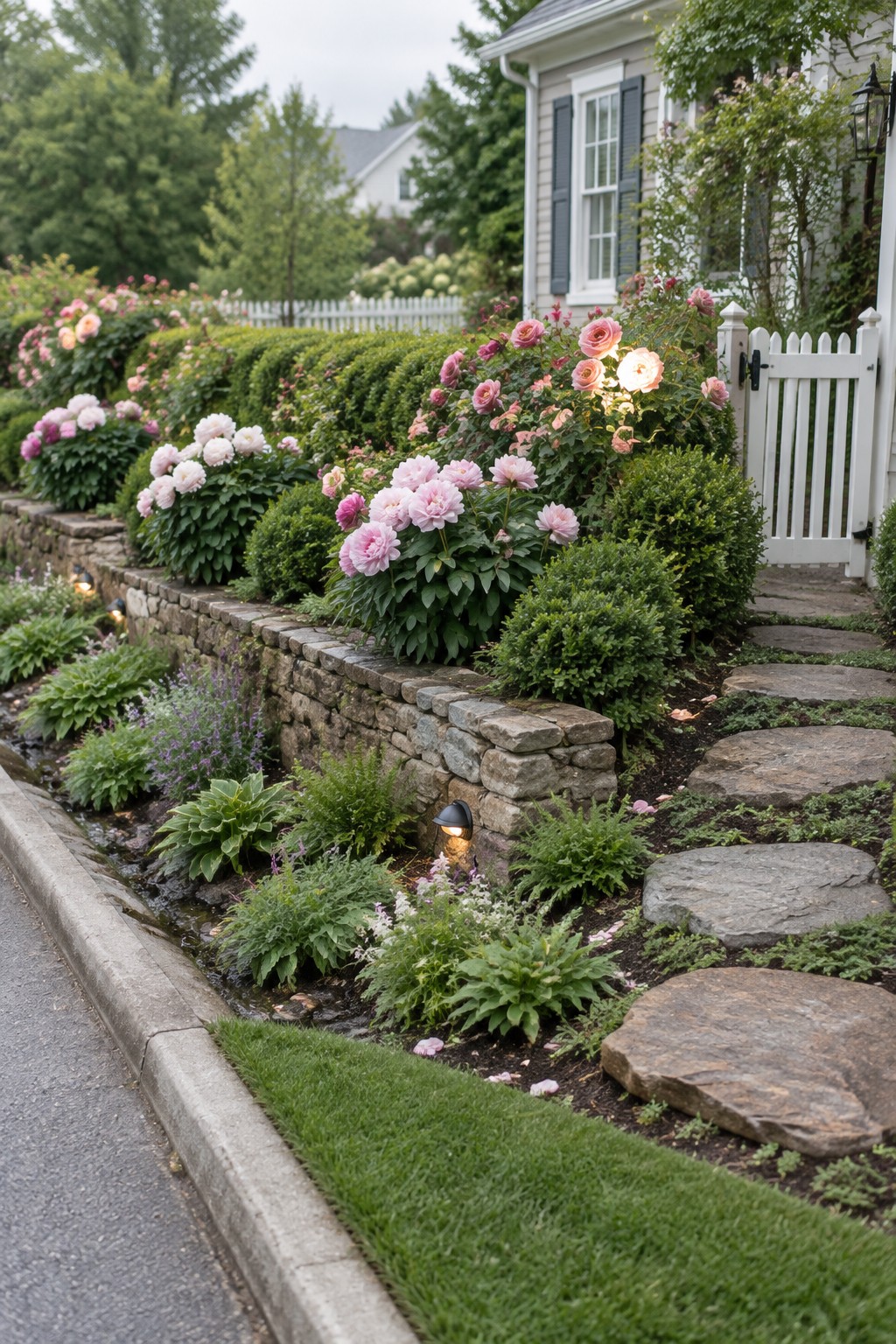 Pink roses and peonies grow in raised beds behind a low stone retaining wall beside a white picket gate.
