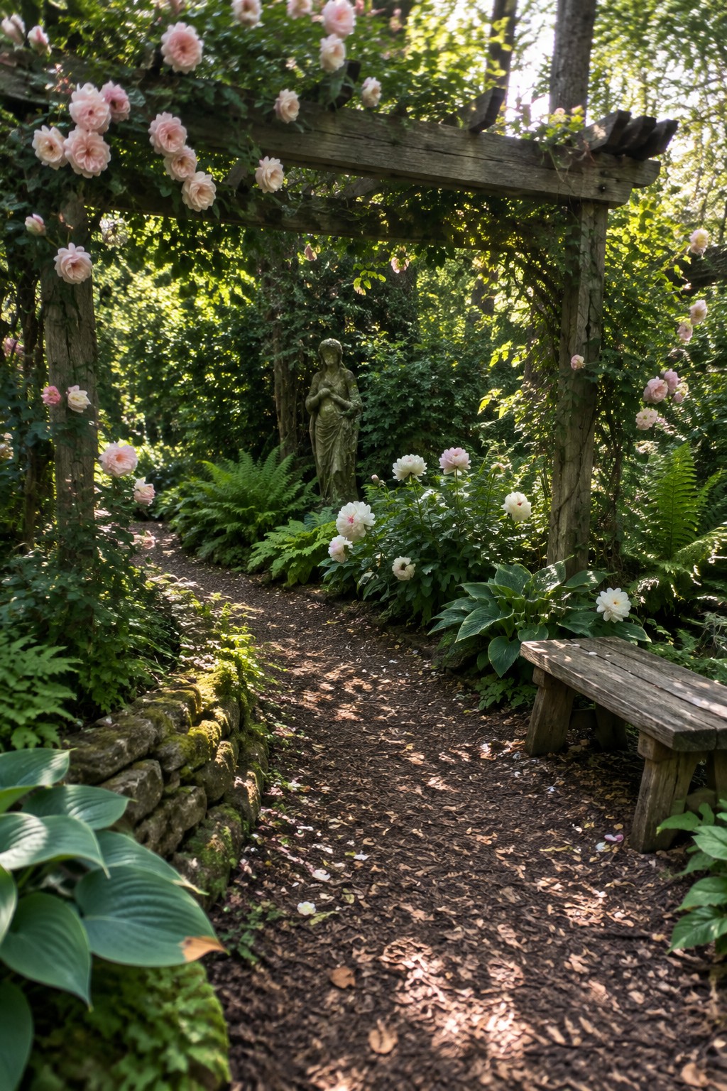 Pink roses climb over a wooden arbor above a garden path bordered by flowering plants, ferns, and a stone edging.