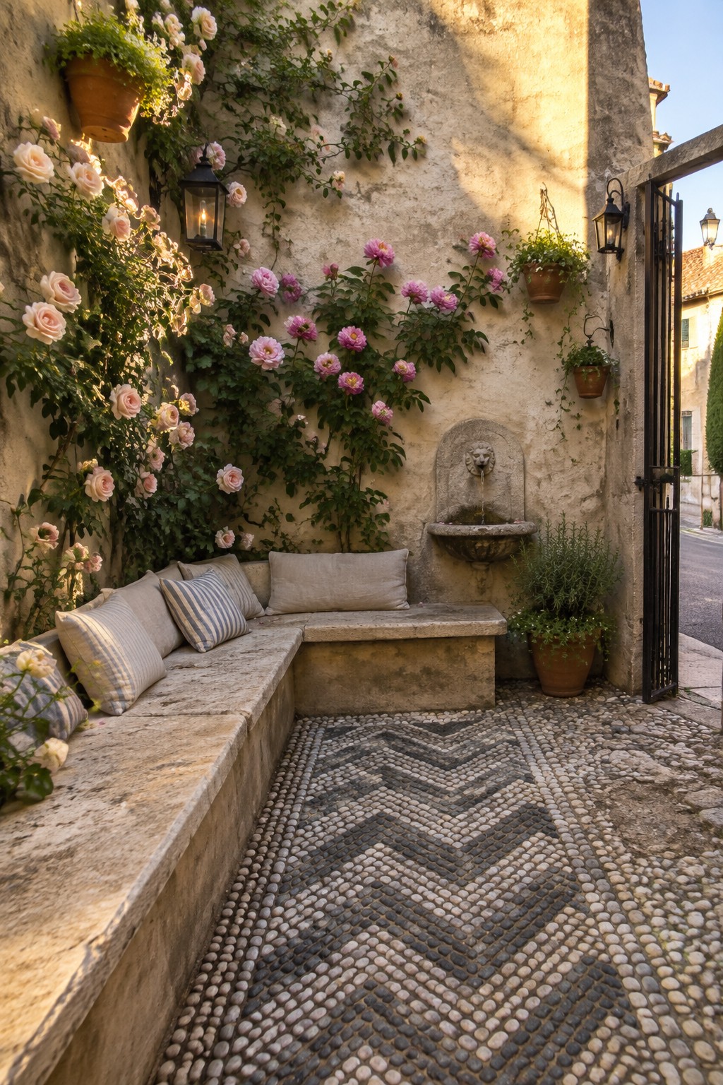 A stone bench with cushions sits in a walled courtyard beneath climbing roses, beside a small stone fountain and pebble paving.