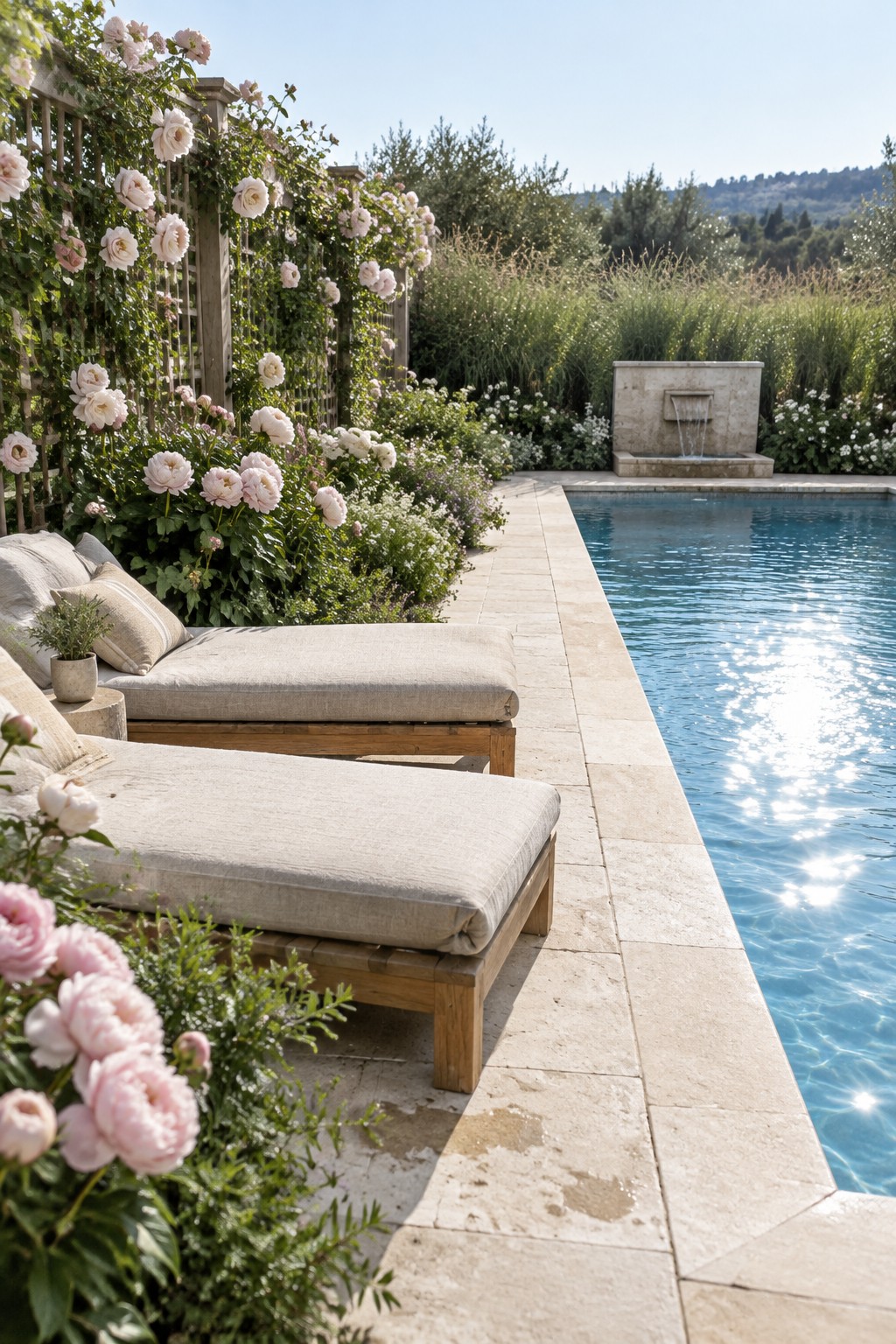 Pale pink roses climb a wooden trellis beside cushioned wooden loungers, a stone pool deck, and a swimming pool.
