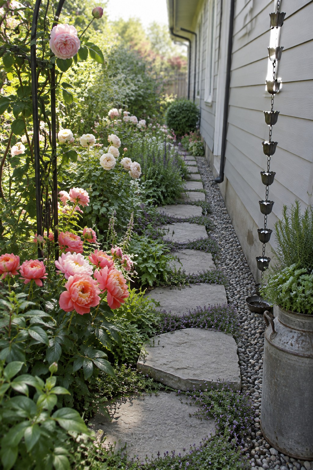 Stepping stones wind through rose beds beside a house, with a gravel strip and a hanging rain chain along the wall.