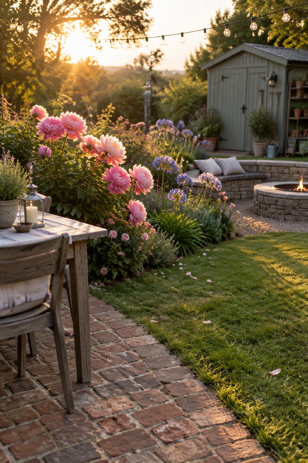 A brick path runs beside pink flowers in a garden with a wooden table, string lights, a shed, and a stone fire pit.