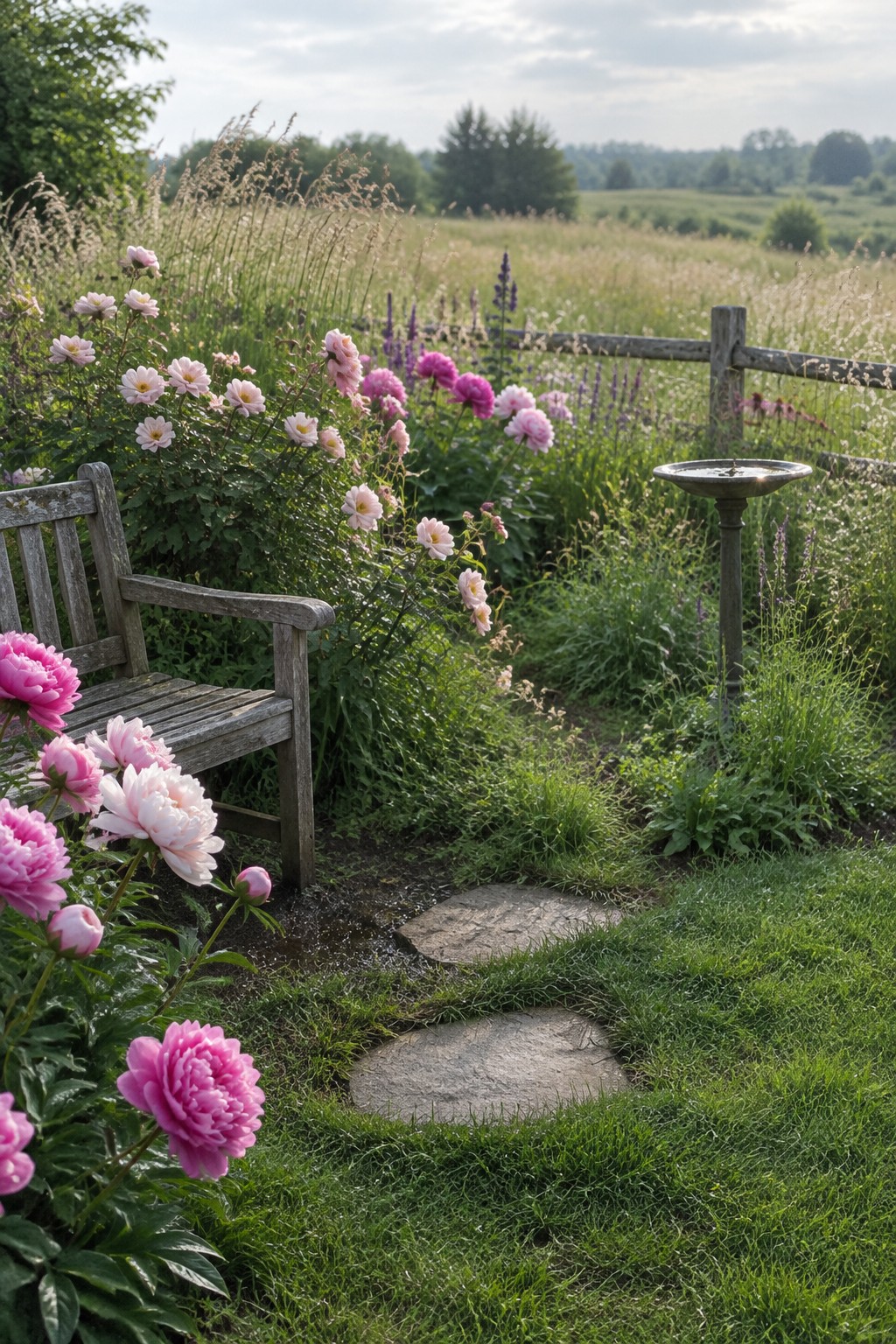 A weathered wooden bench sits beside pink flowers in a garden with a stepping-stone path, a wooden fence, and a birdbath.