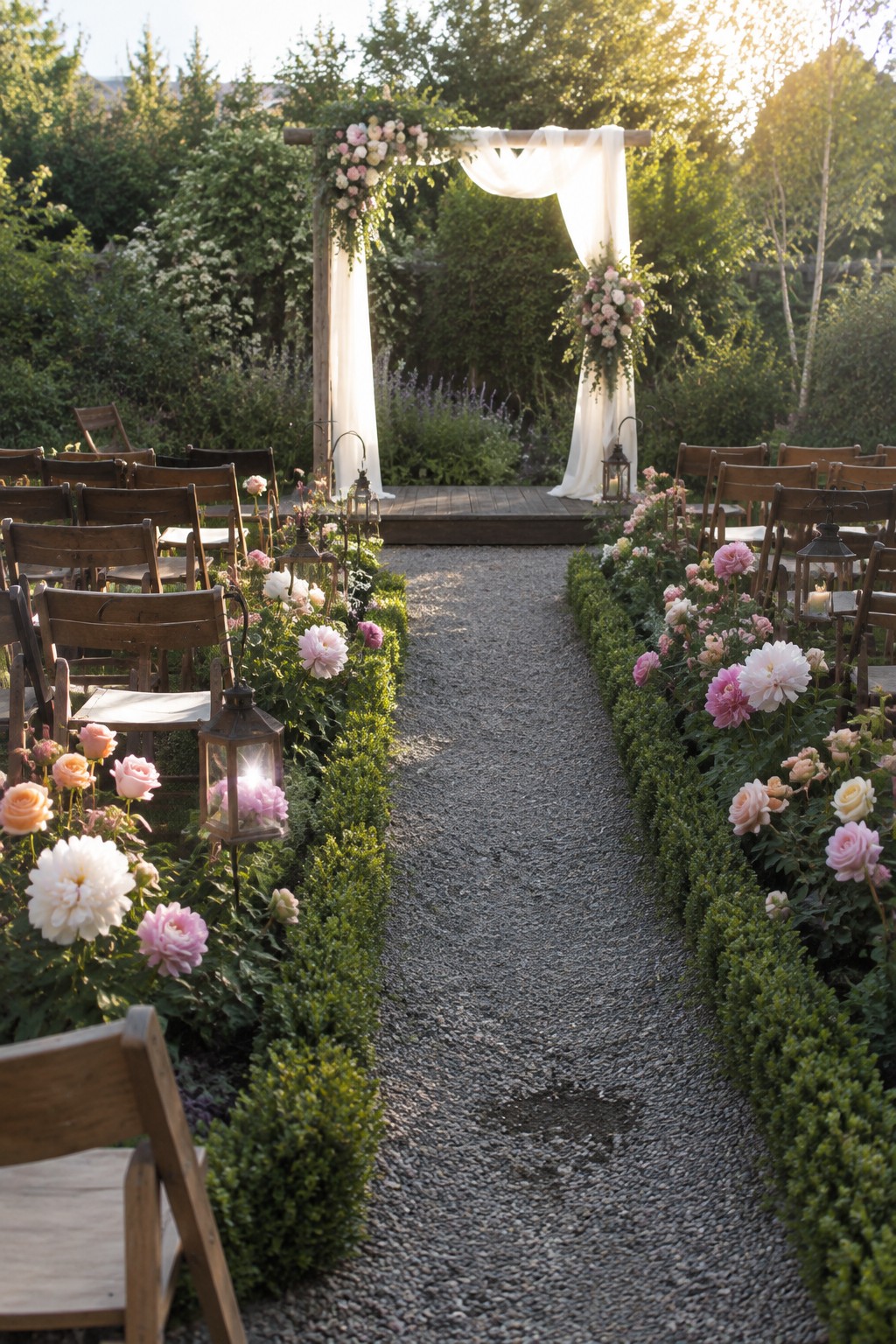 A gravel aisle between rows of wooden chairs and flower beds leads to a draped wooden wedding arch in a garden.