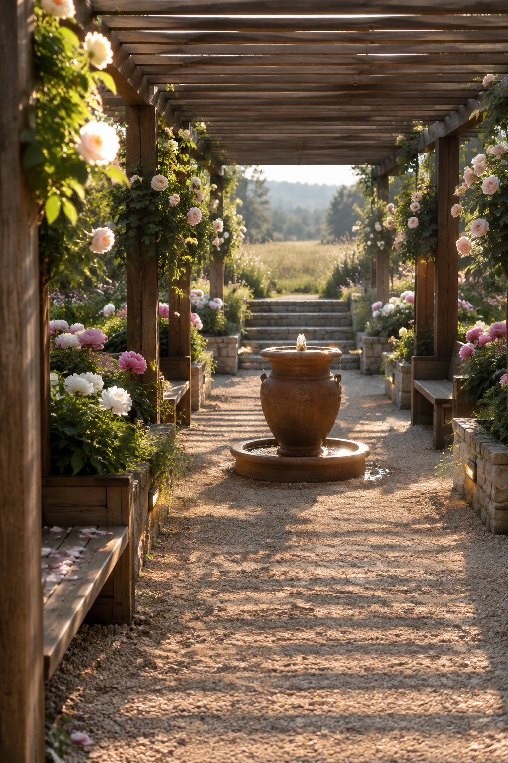 A wooden pergola covered in pale roses runs along a gravel garden path, with a fountain and stone steps at the far end.